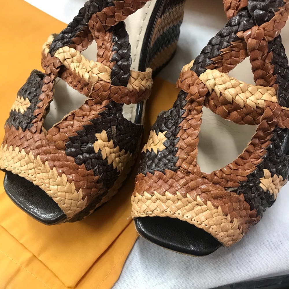 PRADA Brown Woven Leather Peep Toe Wedge Sandals - Picture 10 of 14